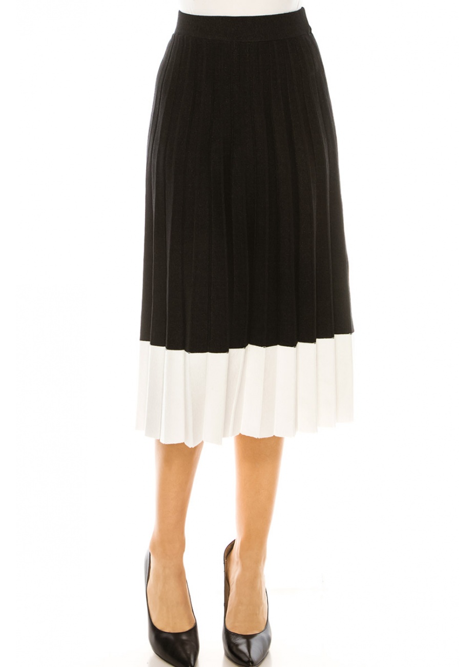 Black Pleated Midi Skirt With White Hem Modest Women Clothing